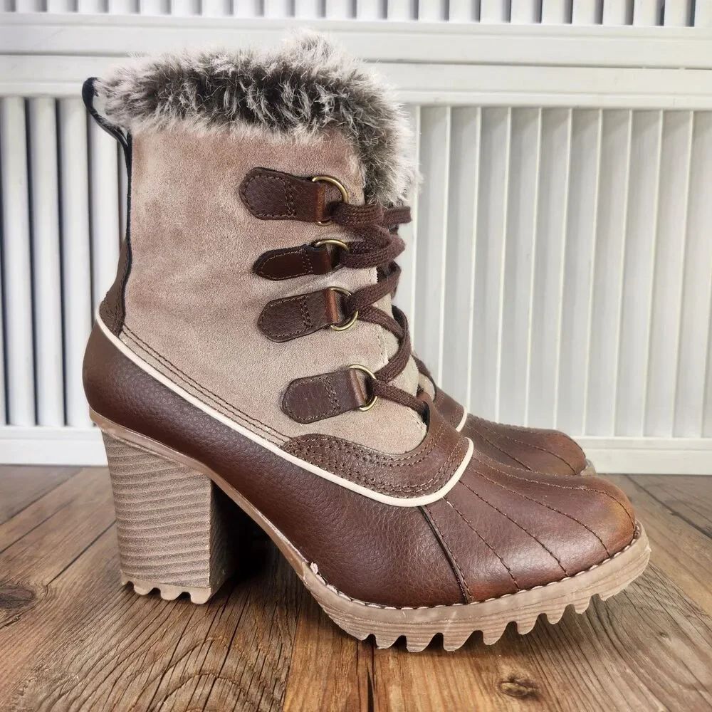 Skechers Faux Fur Lined Boho Heeled Boots Womens Sz 9 Brown Winter Booties 49968